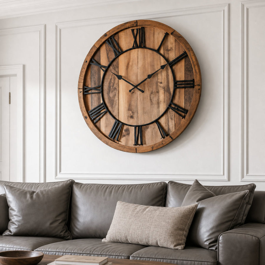 Oversized Rustic Wall Clock With Roman Numerals For Living Room And Entryway