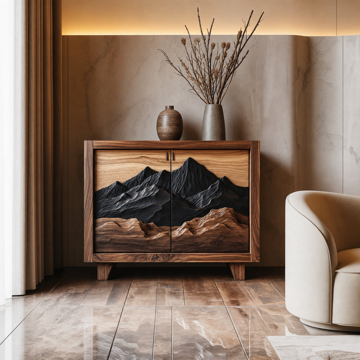 Rustic Artistic Curved Drawer Cabinet Solid Wood Living Room Interior Signature Piece