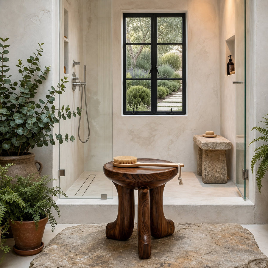 Rustic Bath Stool With Chunky Solid Wood Legs For Bathroom