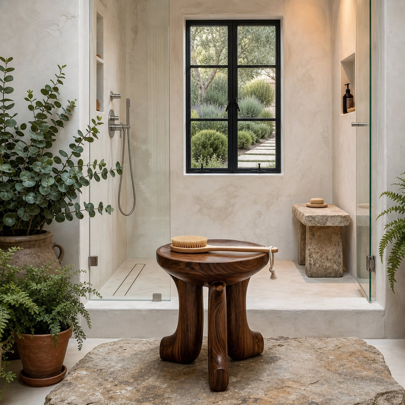 Rustic Bath Stool With Chunky Solid Wood Legs For Bathroom