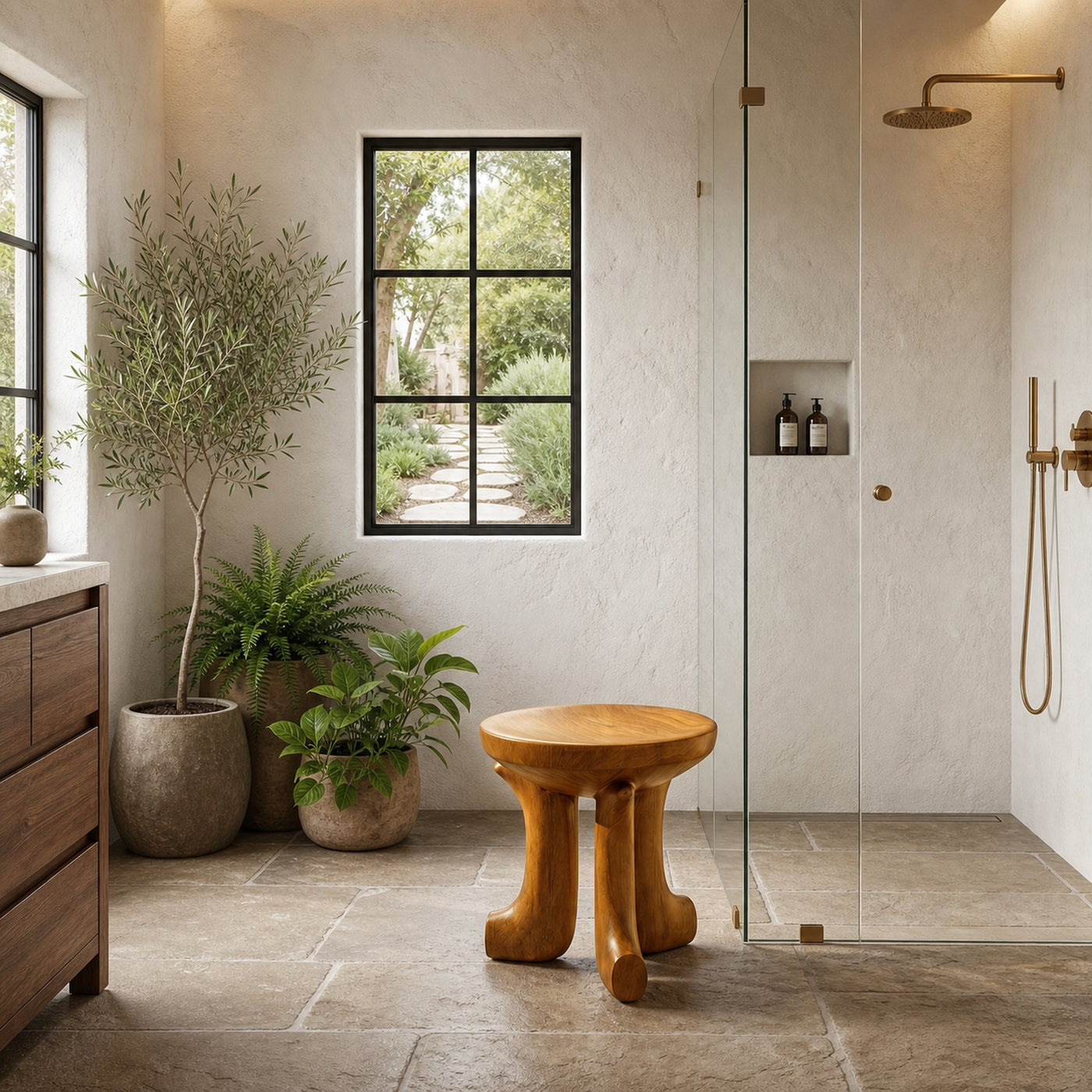 Rustic Bath Stool With Chunky Solid Wood Legs For Bathroom - product view 6