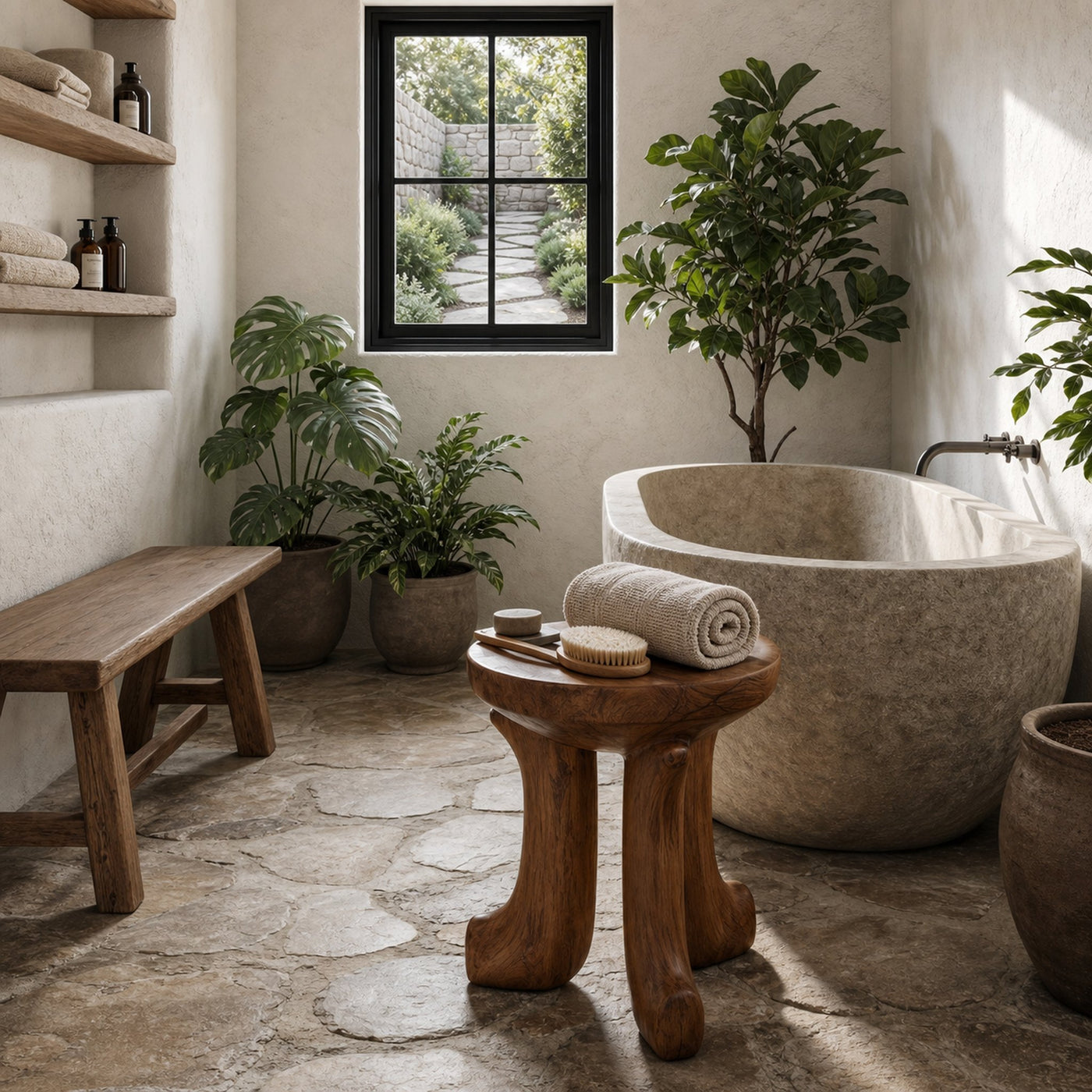 Rustic Bath Stool With Chunky Solid Wood Legs For Bathroom - product view 7