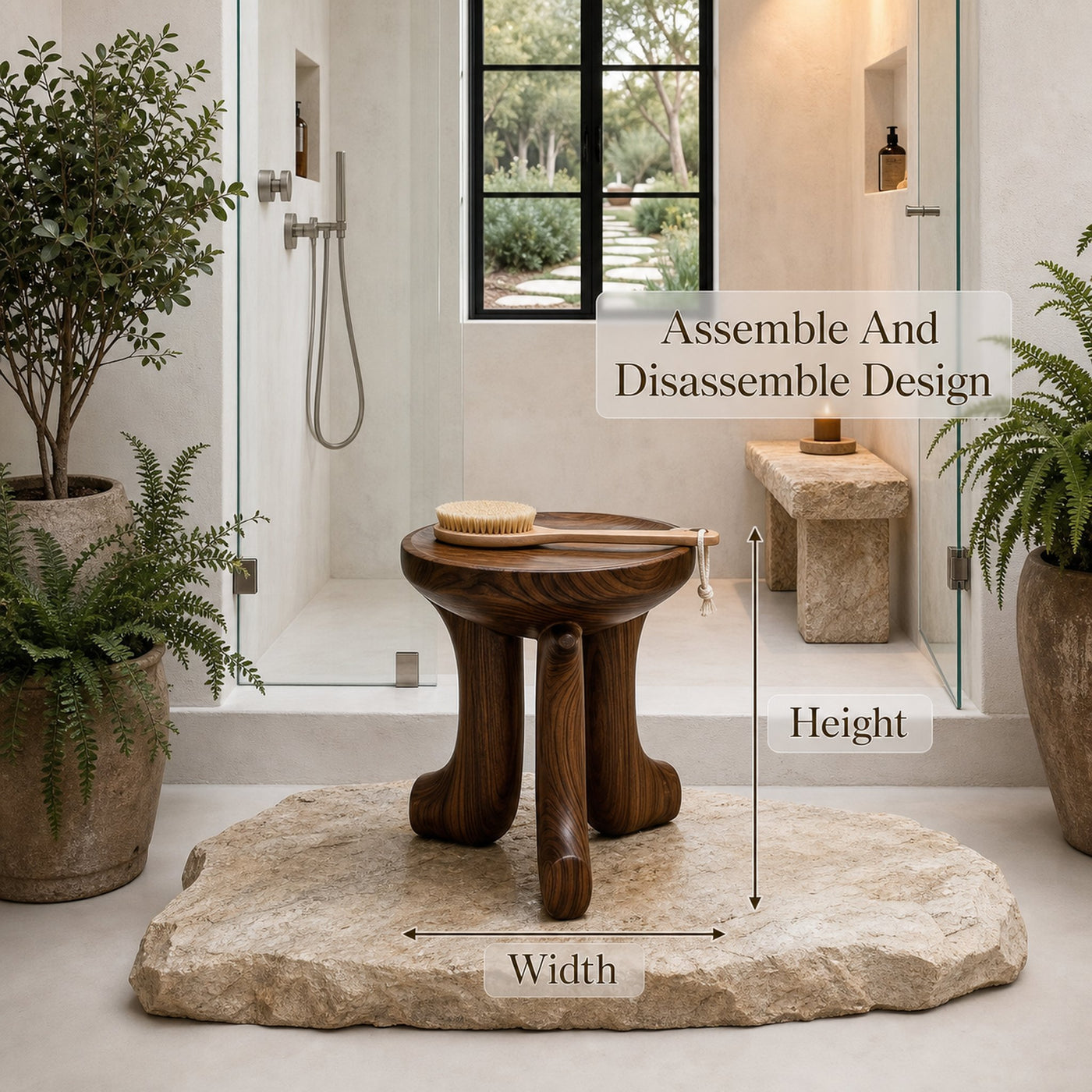 Rustic Bath Stool With Chunky Solid Wood Legs For Bathroom - product view 8