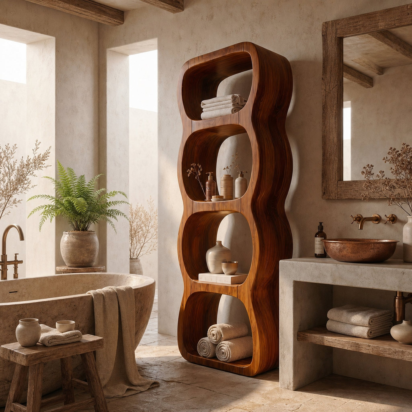 Rustic Bathroom Cabinet With Curved Wave Shape Design - product view 6