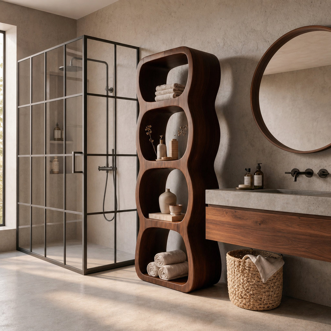Rustic Bathroom Cabinet With Curved Wave Shape Design - product view 7