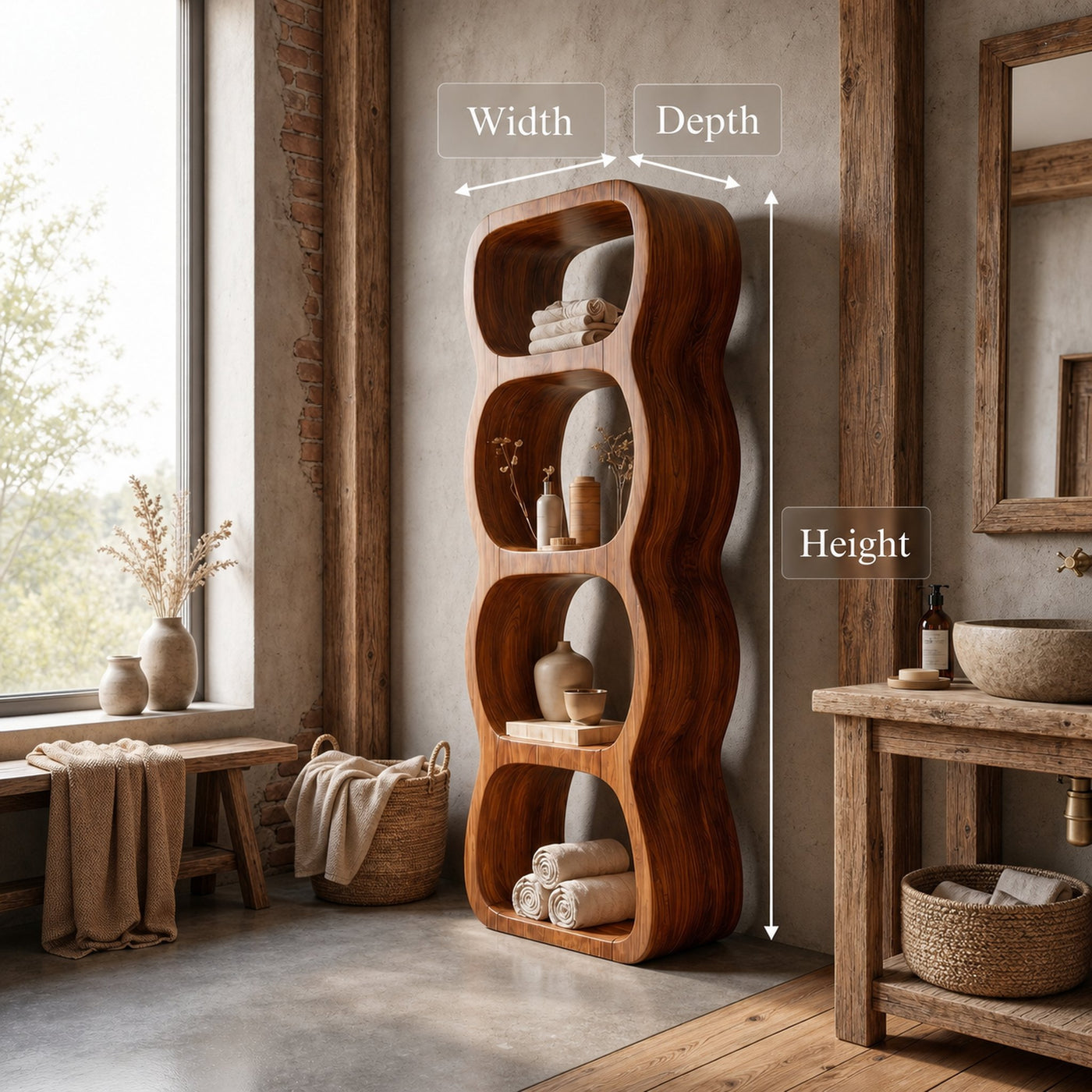 Rustic Bathroom Cabinet With Curved Wave Shape Design - product view 8