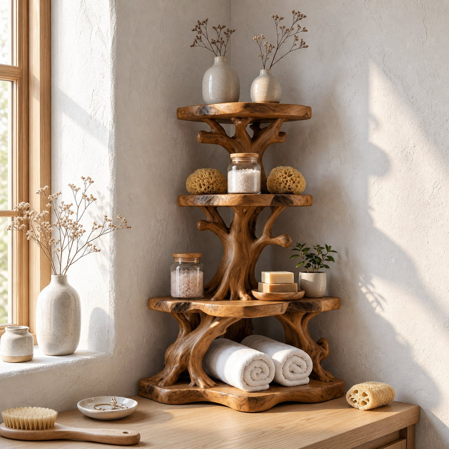 Rustic Bathroom Corner Shelf With Sculptural Wood Display Storage