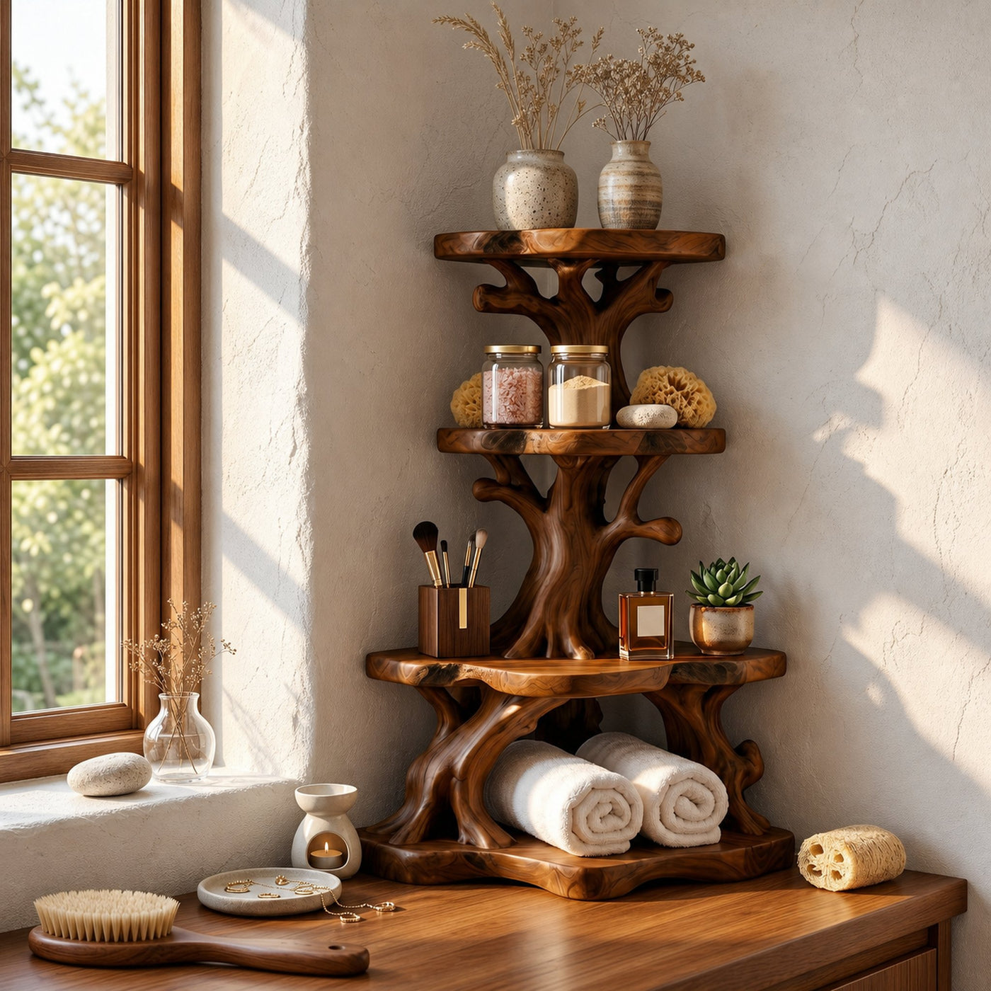 Rustic Bathroom Corner Shelf With Sculptural Wood Display Storage - product view 6