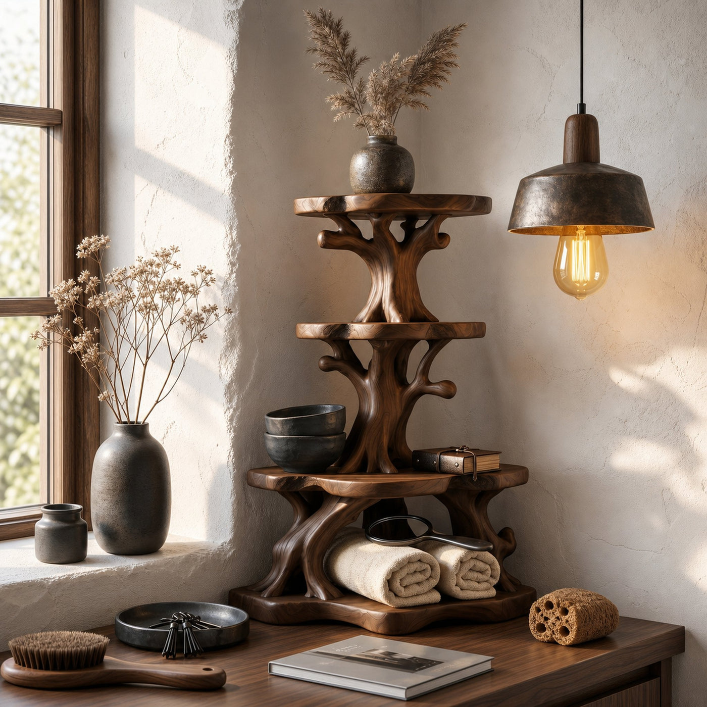 Rustic Bathroom Corner Shelf With Sculptural Wood Display Storage - product view 7