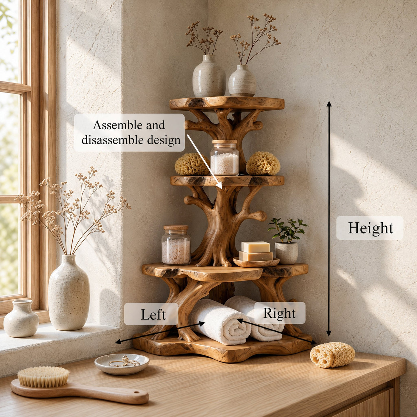 Rustic Bathroom Corner Shelf With Sculptural Wood Display Storage - product view 8