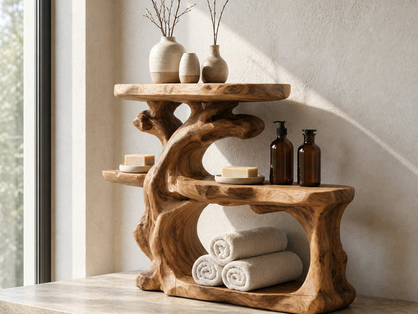Rustic Bathroom Counter Organizer Shelf With Artistic Wood Form For Bathroom