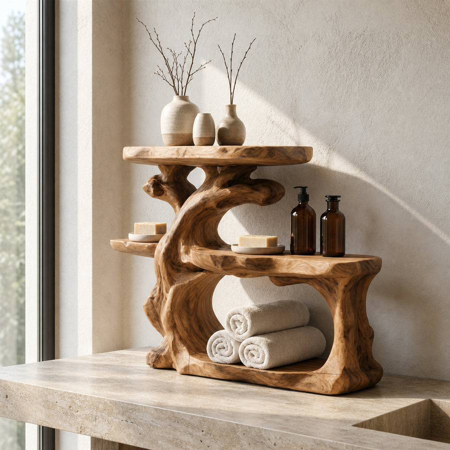 Rustic Bathroom Counter Organizer Shelf With Artistic Wood Form For Bathroom