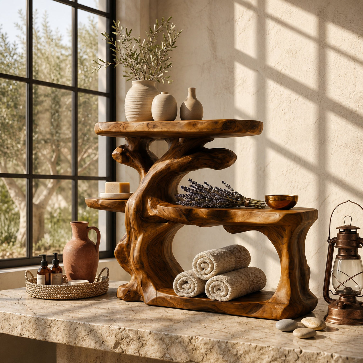 Rustic Bathroom Counter Organizer Shelf With Artistic Wood Form For Bathroom - product view 6