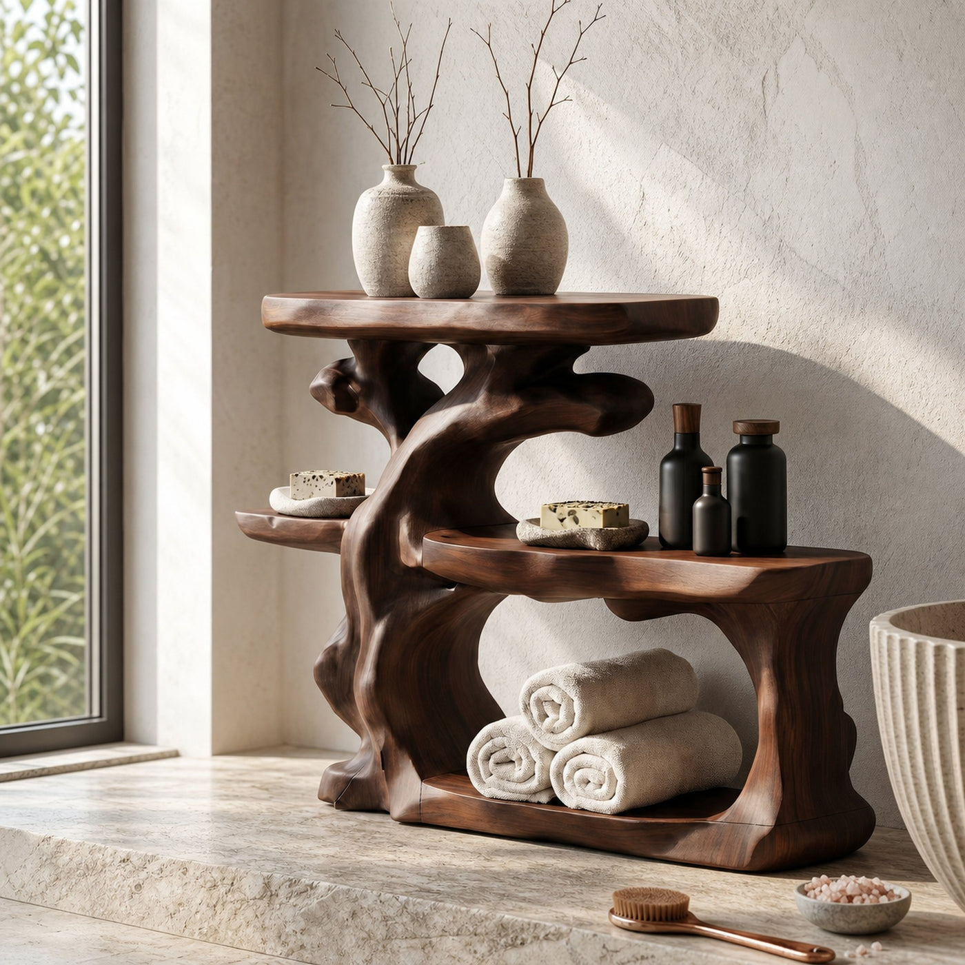 Rustic Bathroom Counter Organizer Shelf With Artistic Wood Form For Bathroom - product view 7
