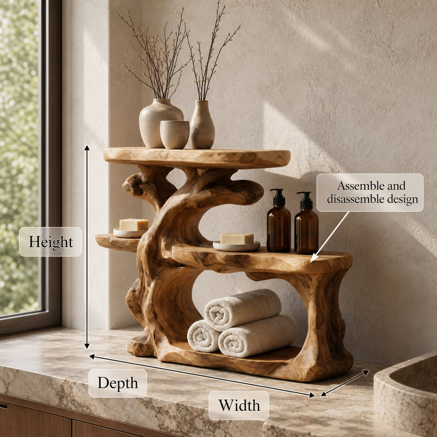 Rustic Bathroom Counter Organizer Shelf With Artistic Wood Form For Bathroom - product view 8