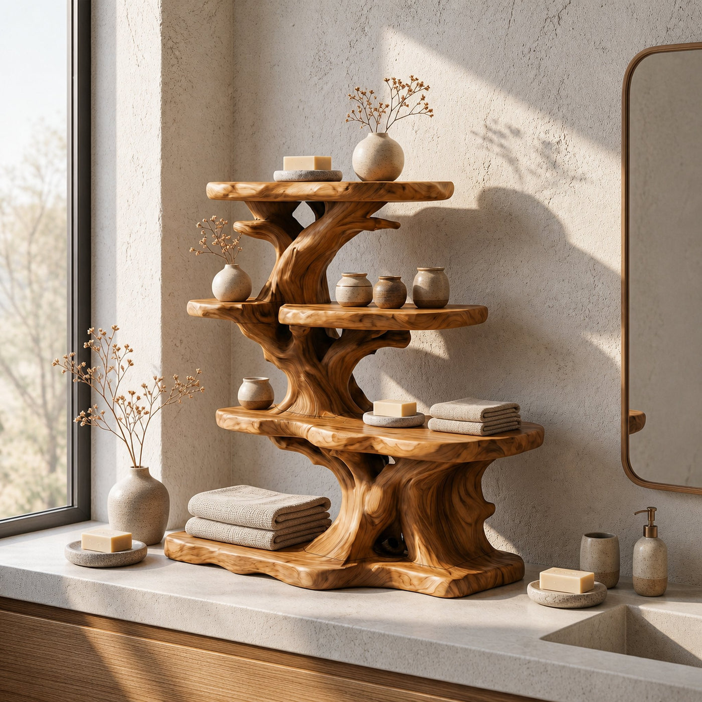 Rustic Bathroom Organizer With Tiered Display Shelves