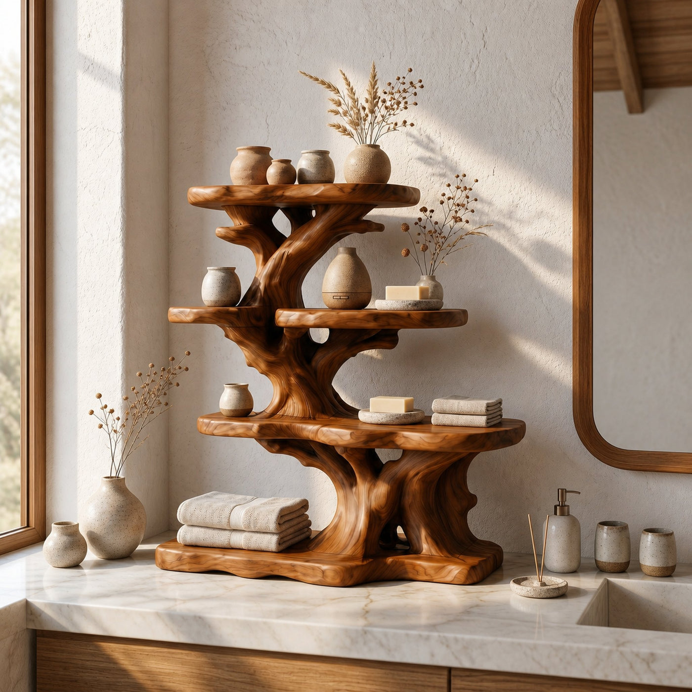 Rustic Bathroom Organizer With Tiered Display Shelves - product view 6