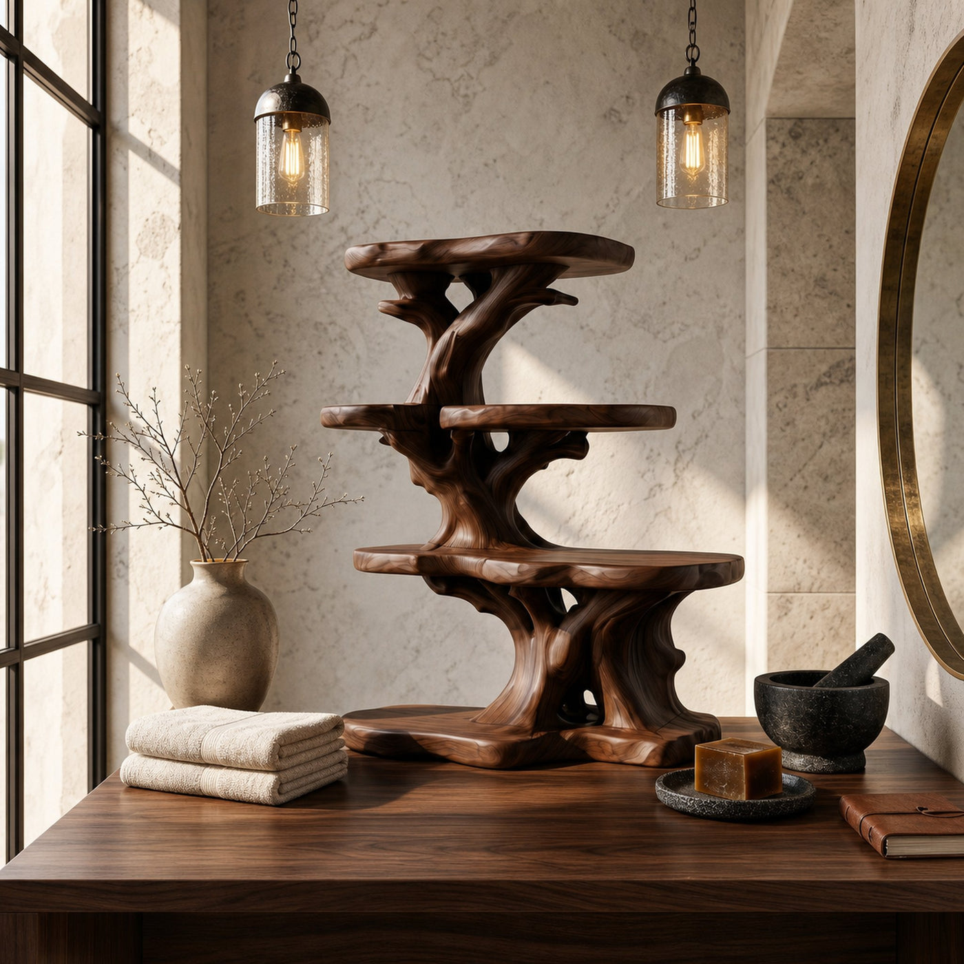 Rustic Bathroom Organizer With Tiered Display Shelves - product view 7