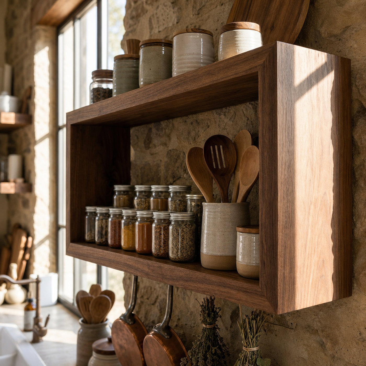 Rustic Box Style Kitchen Wall Shelf Solid Wood Display Unit