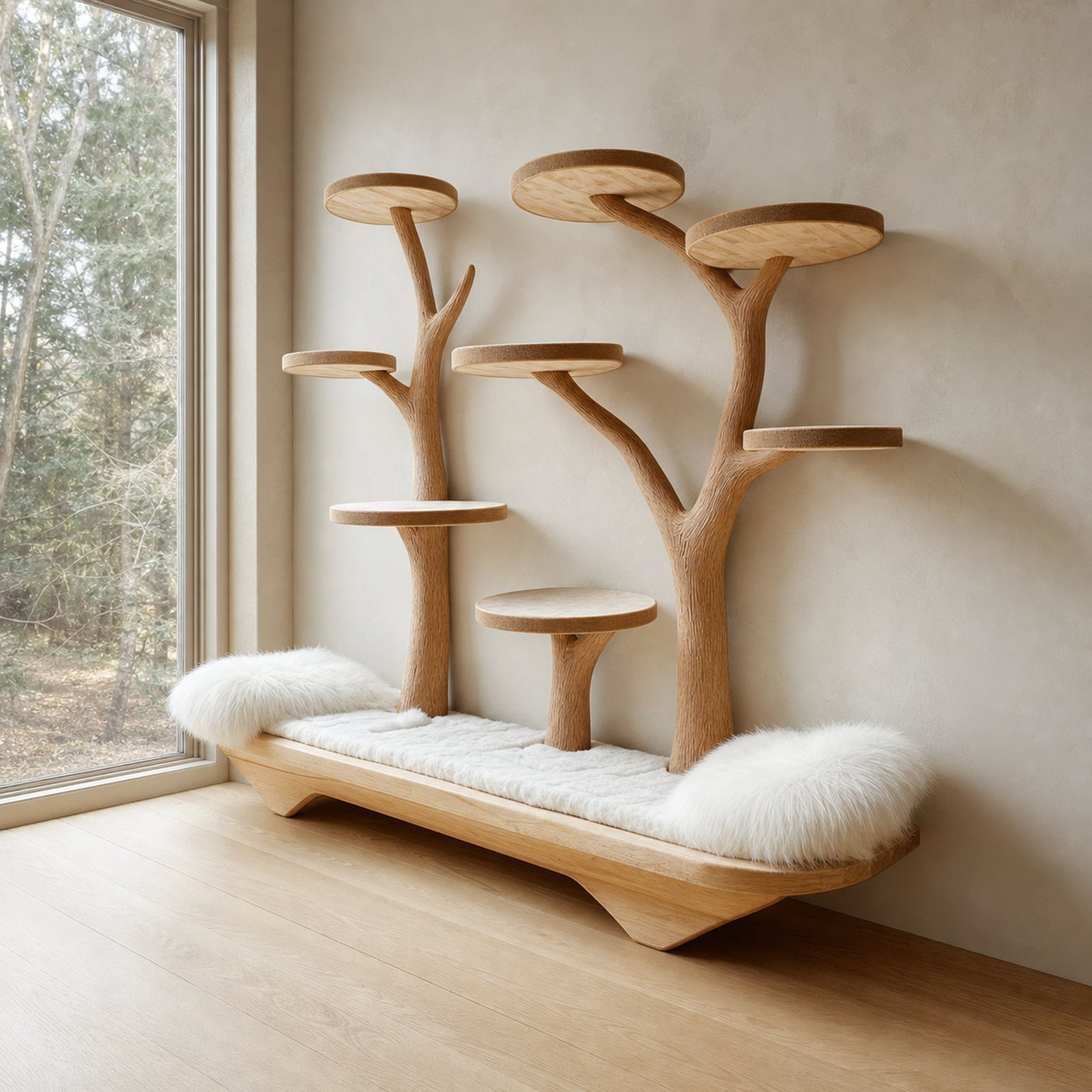 Rustic Cat Tree Play Furniture With Bench Living Room
