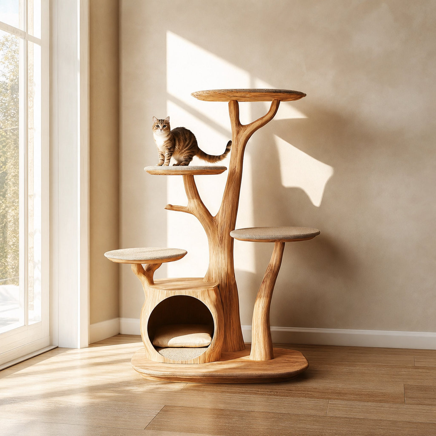 Rustic Cat Tree Stand Living Room Pet Furniture With House