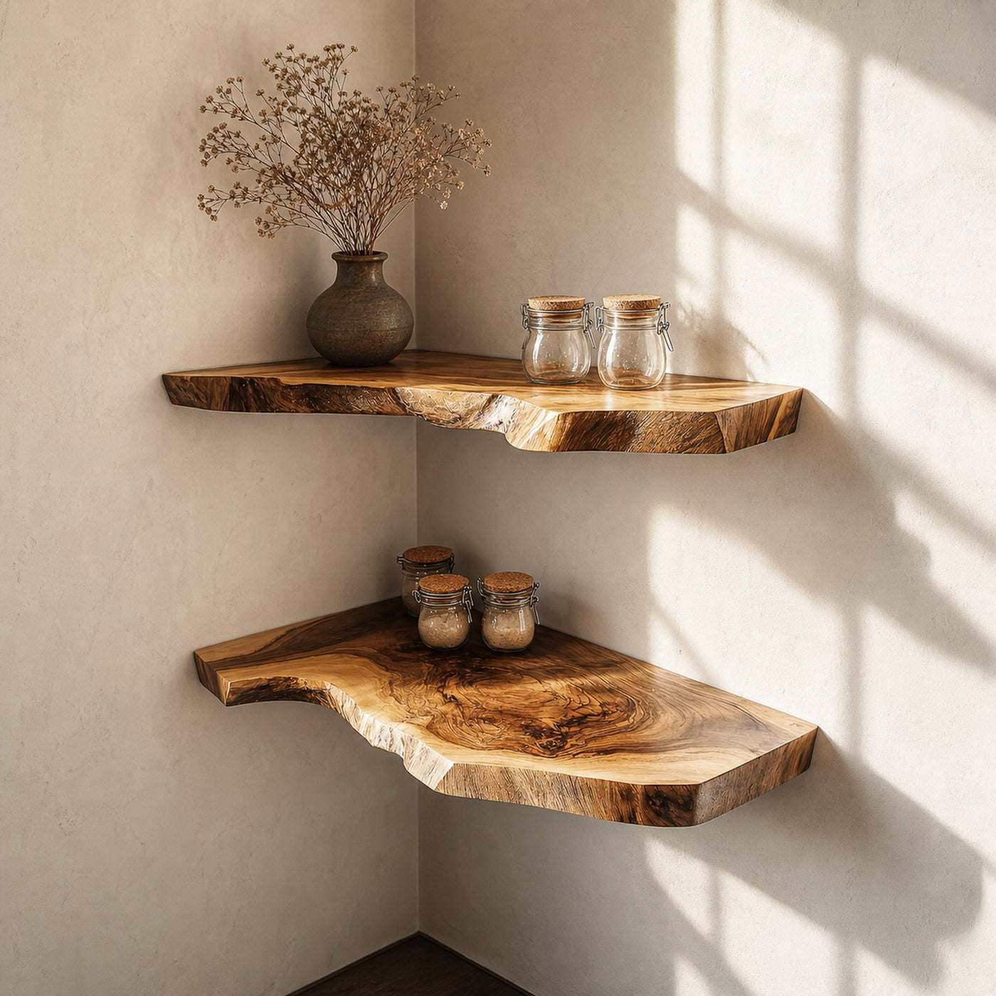 Rustic Corner Shelf Live Edge Floating Design Kitchen Or Bedroom