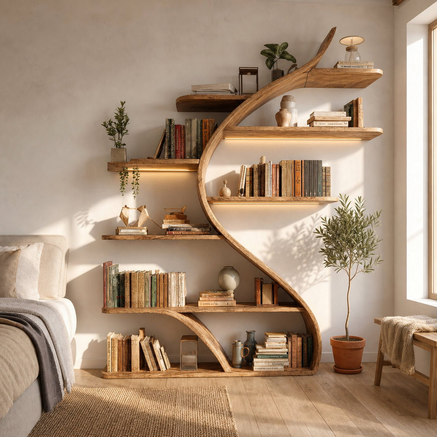Rustic Curved Wall Bookshelf For Bedroom And Living Room