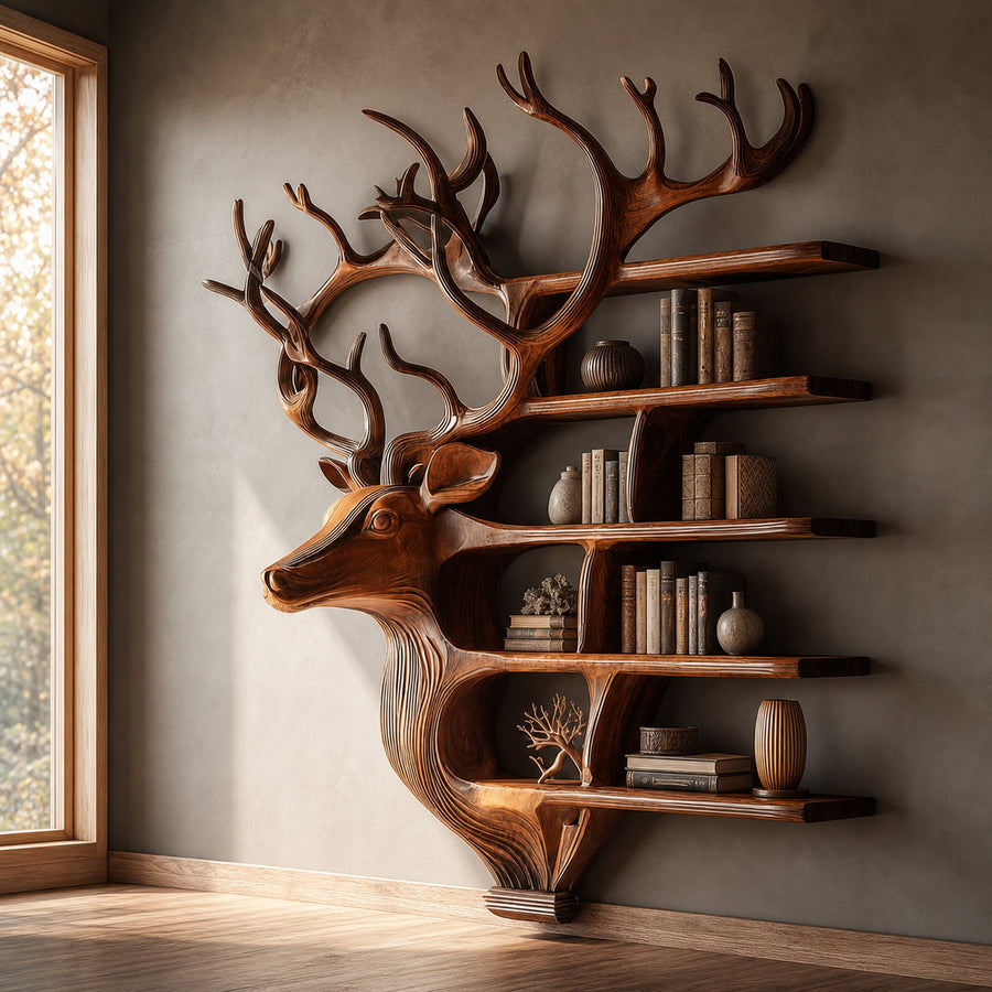 Rustic Deer Bookshelf Wall Mounted Living Room Display