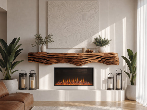 Rustic Fireplace Mantel Shelf With Wave Design For Living Room