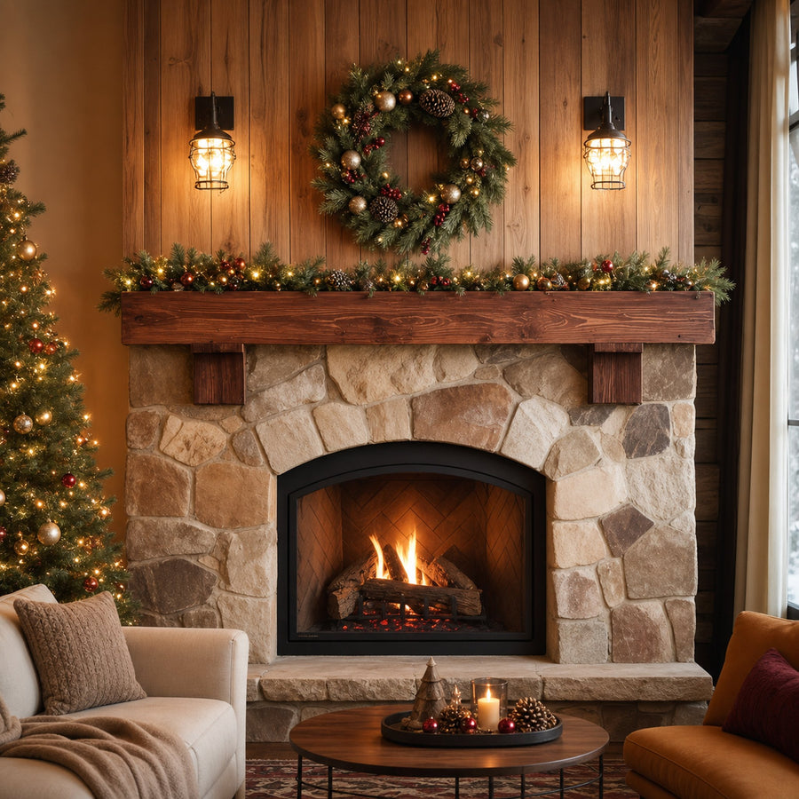 Rustic Fireplace Mantel With Beam For Holiday Decoration