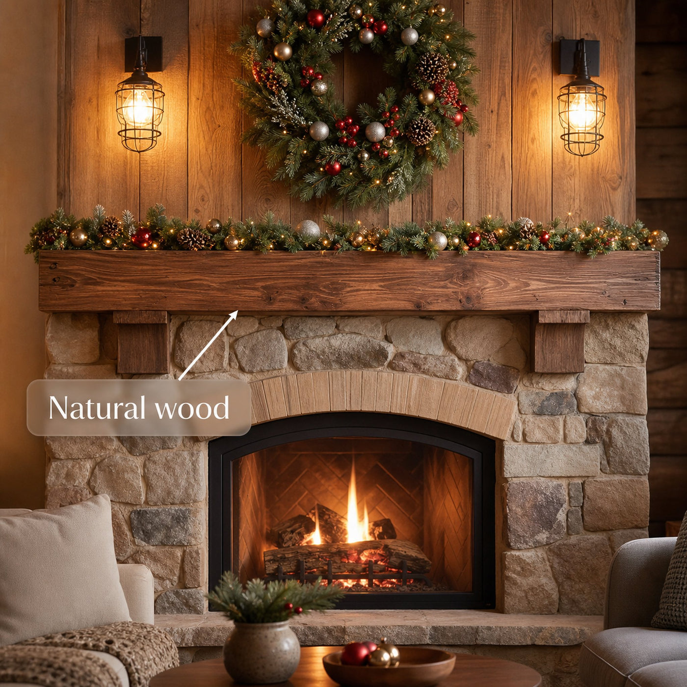 Rustic Fireplace Mantel With Beam For Holiday Decoration - product view 6