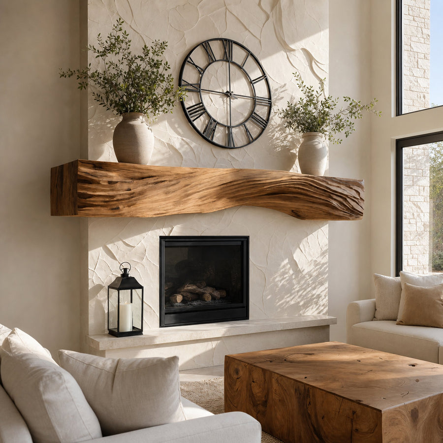 Rustic Fireplace Mantel With Sculptural Carved Design For Home