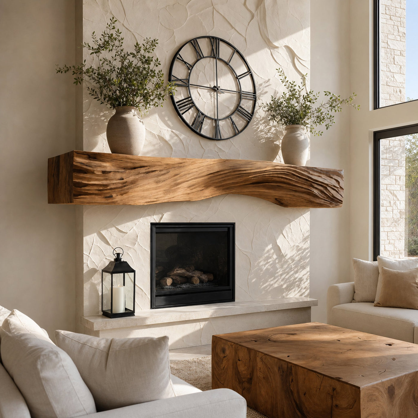 Rustic Fireplace Mantel With Sculptural Carved Design For Home