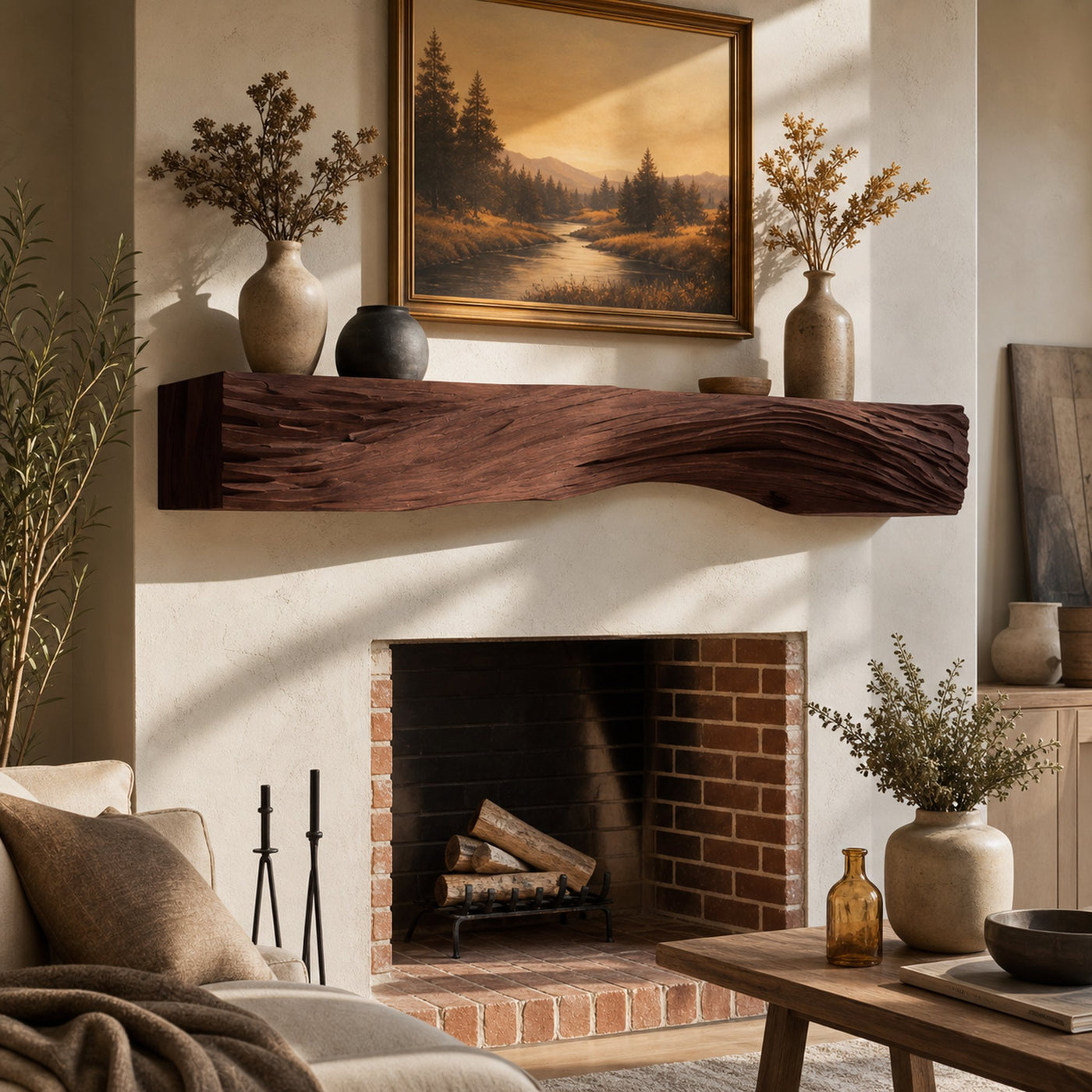 Rustic Fireplace Mantel With Sculptural Carved Design For Home - product view 6