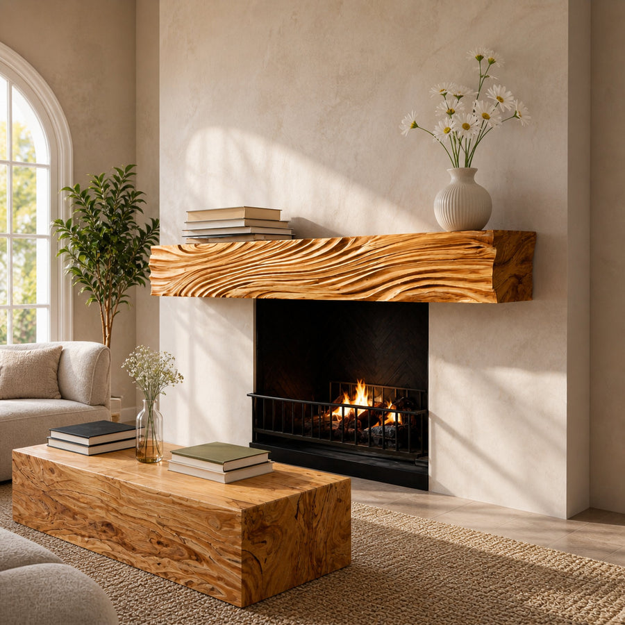 Rustic Fireplace Shelf With Wave Carved For Cozy Living Room
