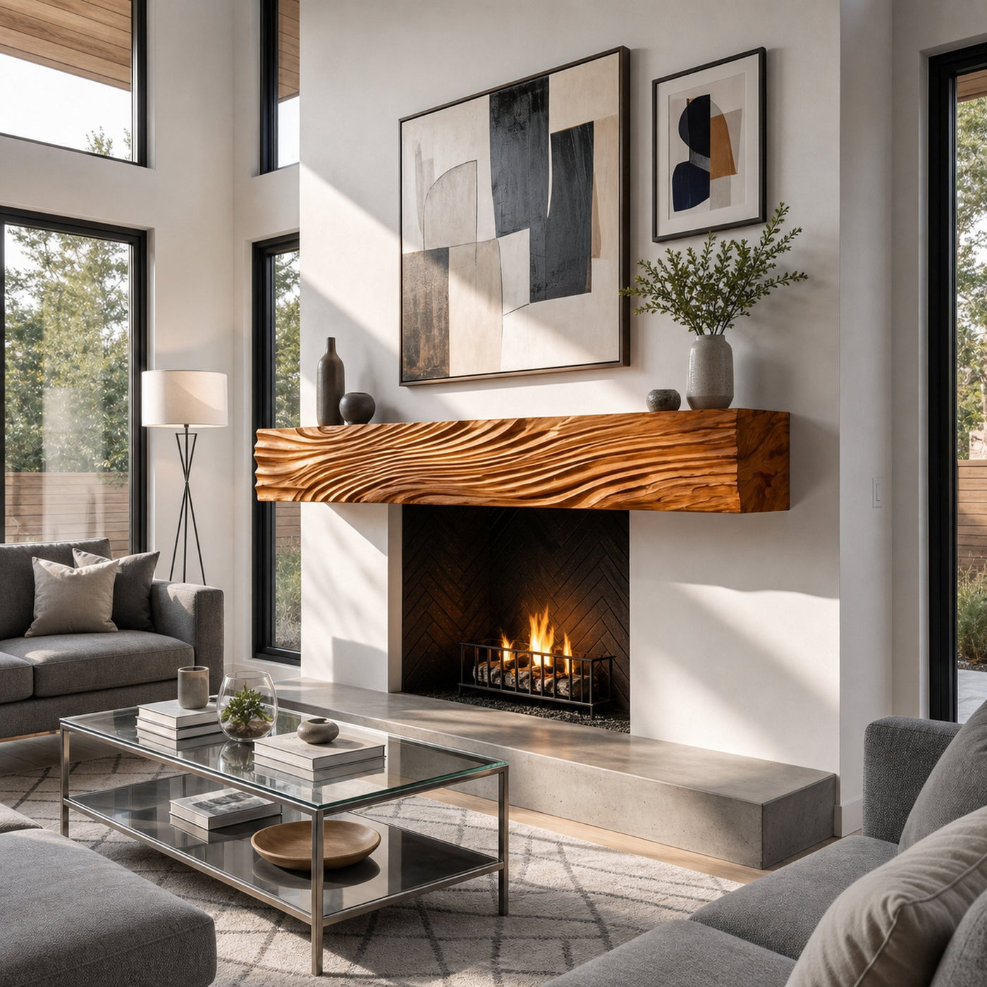 Rustic Fireplace Shelf With Wave Carved For Cozy Living Room - product view 7