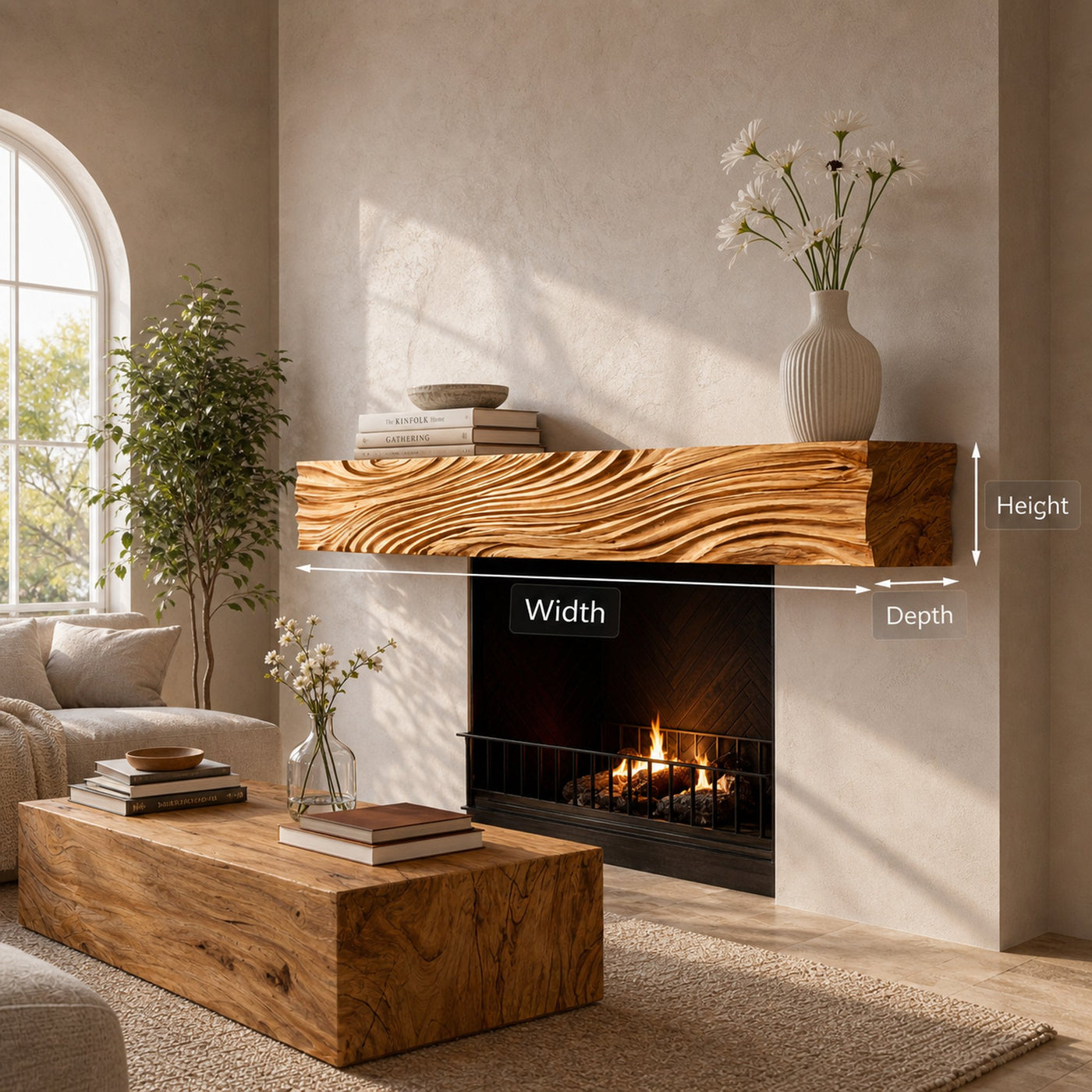 Rustic Fireplace Shelf With Wave Carved For Cozy Living Room - product view 9
