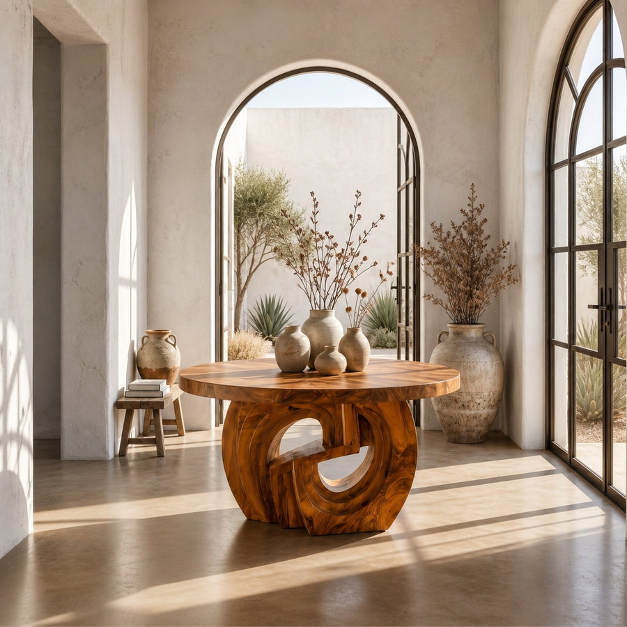 Rustic Foyer Table With Sculptural Ring Pedestal Base For Entryway And Hallway