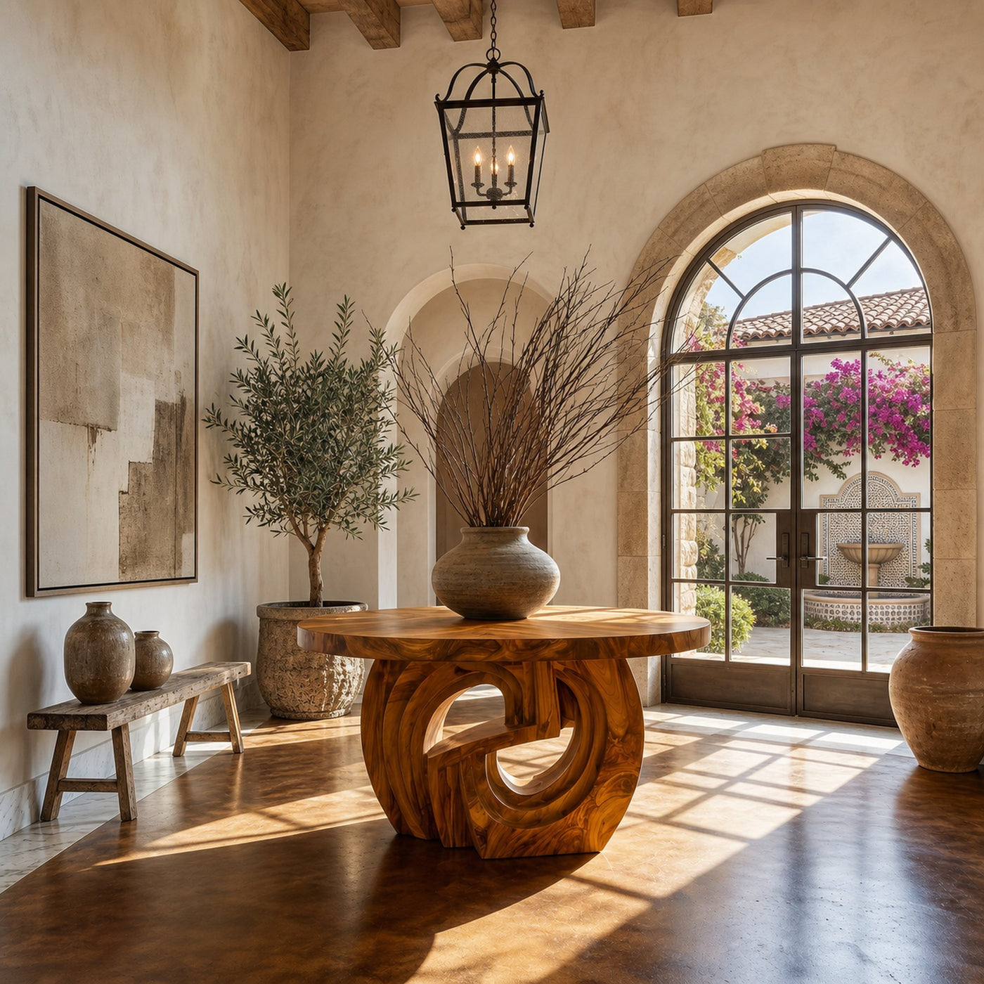 Rustic Foyer Table With Sculptural Ring Pedestal Base For Entryway And Hallway - product view 6
