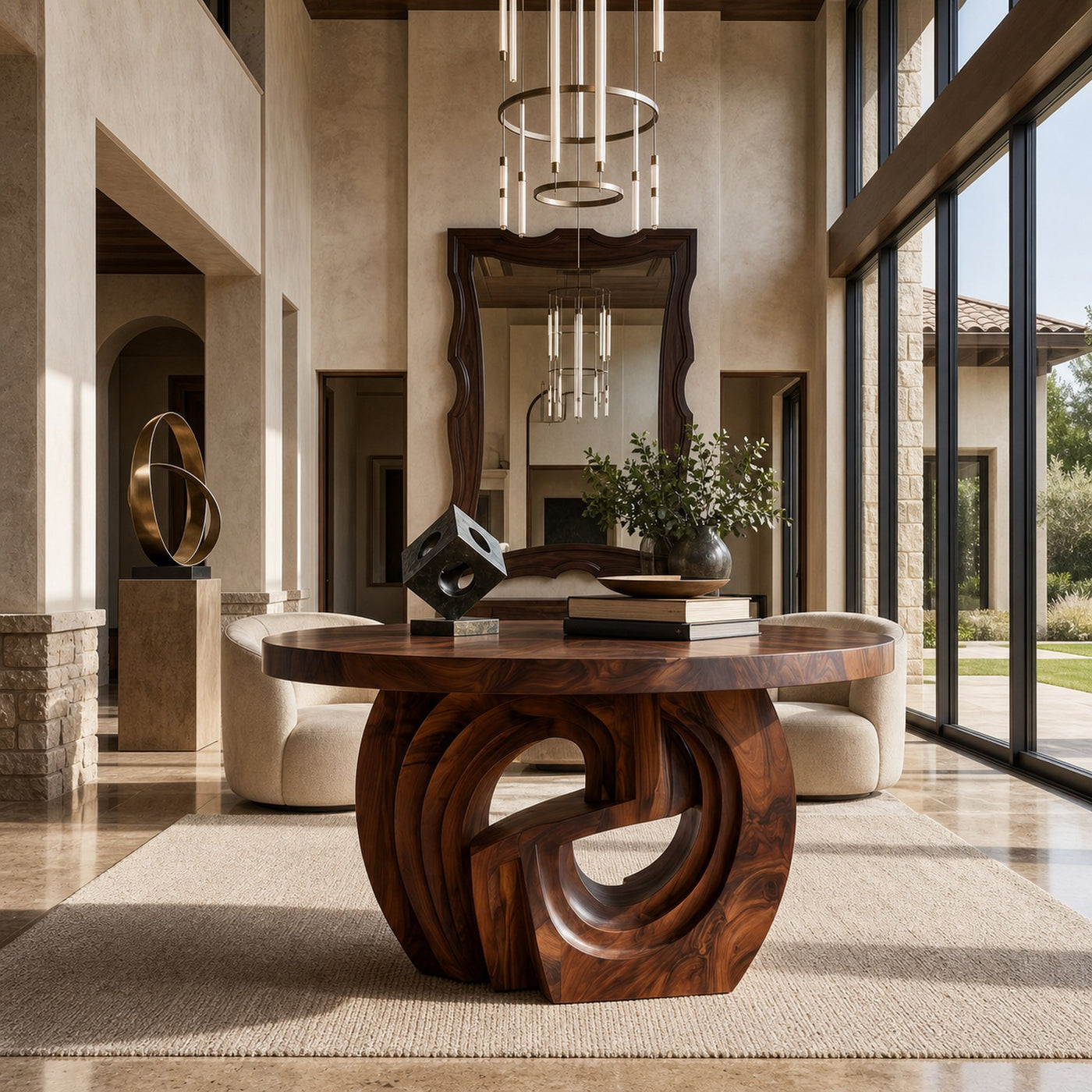 Rustic Foyer Table With Sculptural Ring Pedestal Base For Entryway And Hallway - product view 7