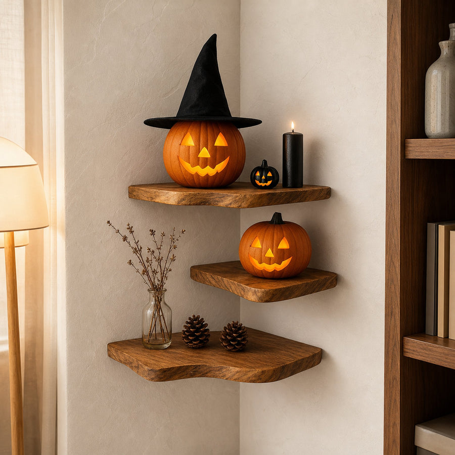 Rustic Halloween Tree Shape Wooden Floating Shelf Living Room Accent