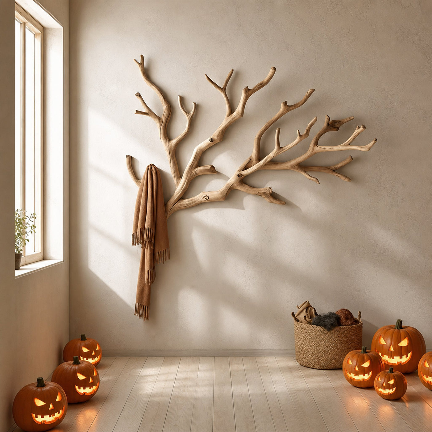 Rustic Hallway Coat Rack Stand Wooden Tree Branch Halloween Home Decor