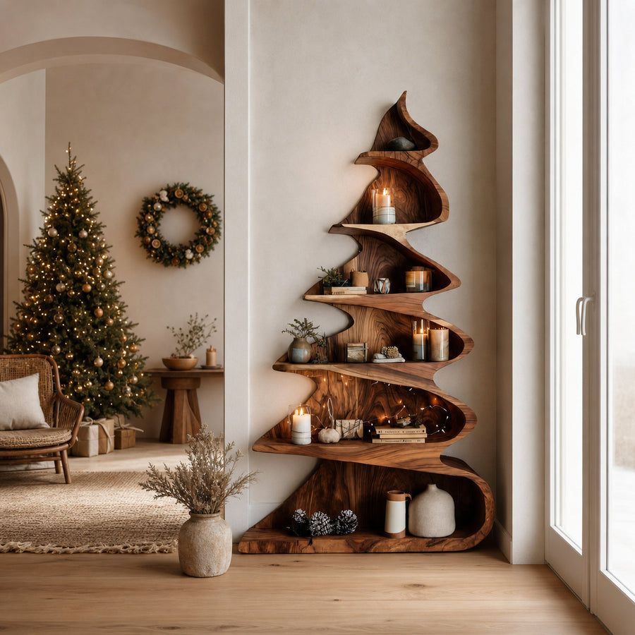 Rustic Handcrafted Christmas Tree Shelf For Holiday Display
