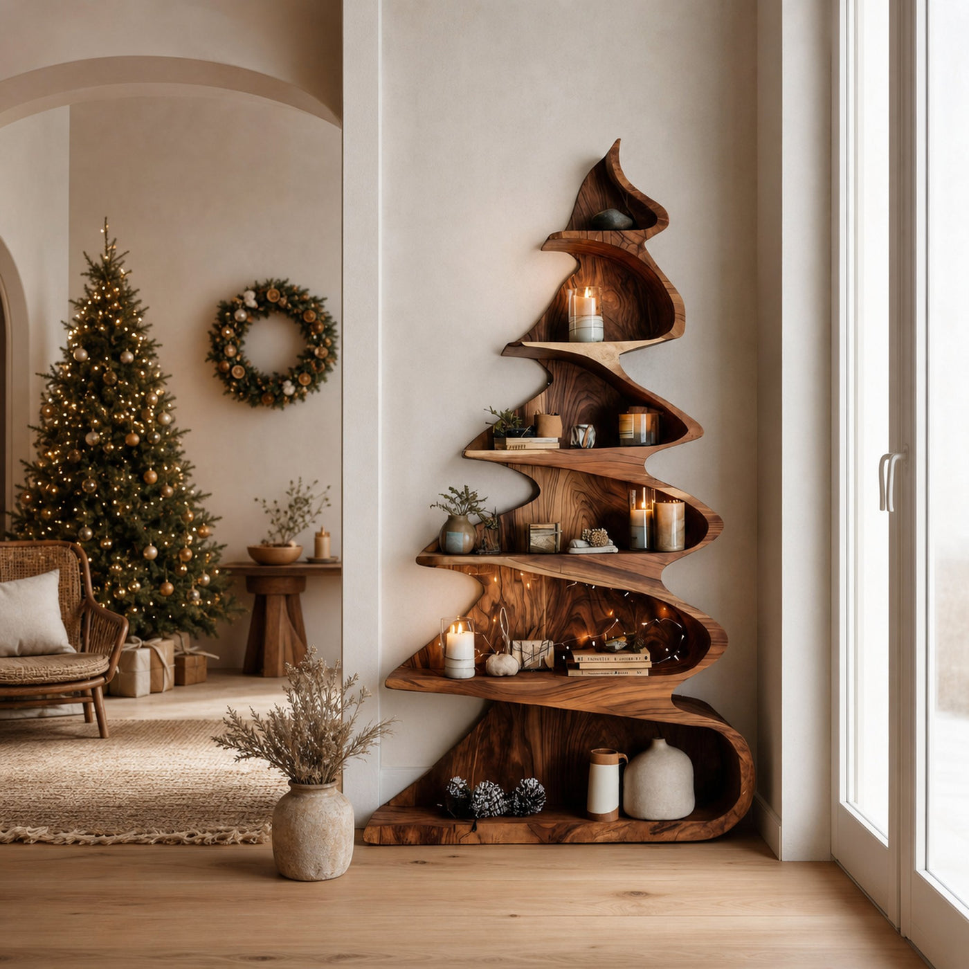Rustic Handcrafted Christmas Tree Shelf For Holiday Display