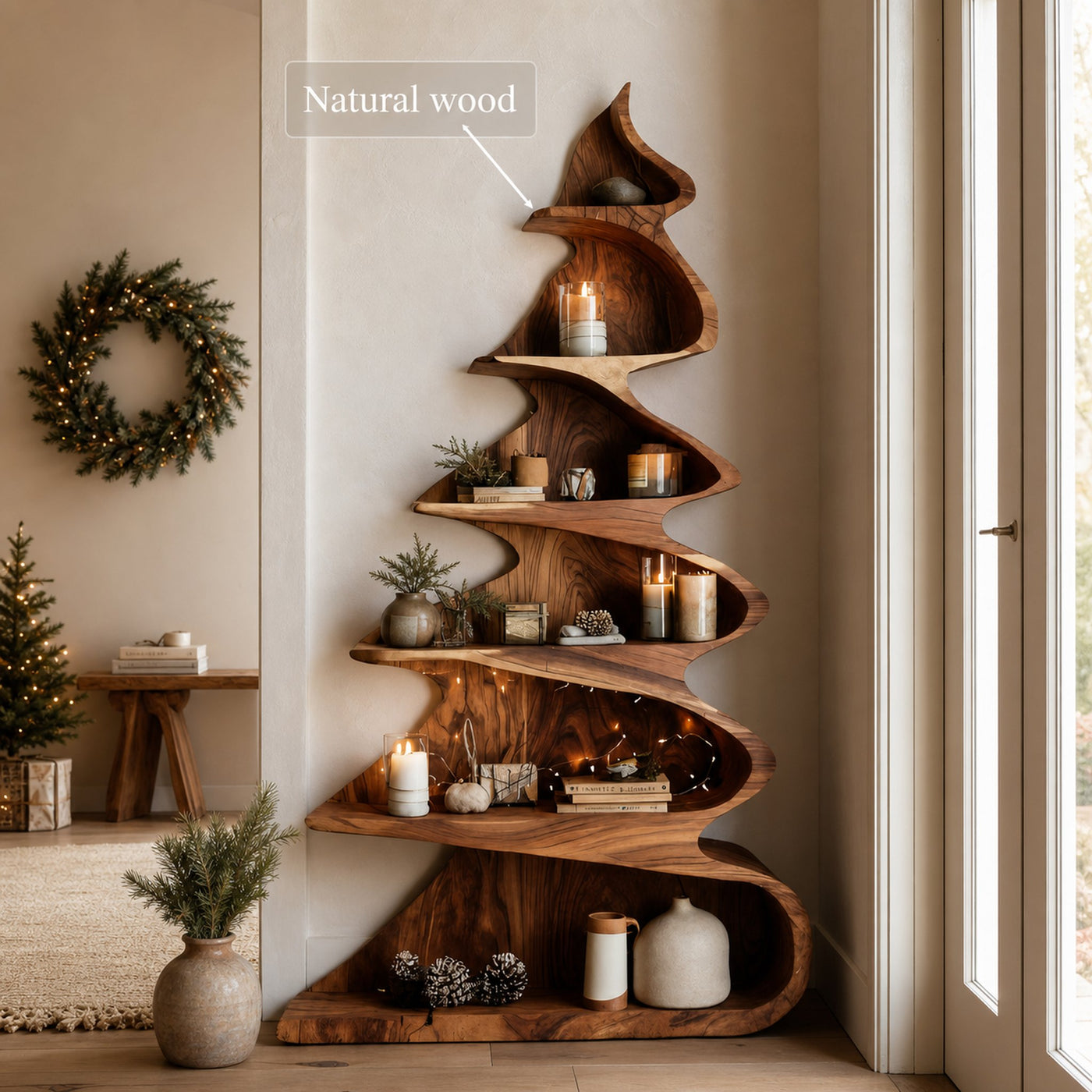 Rustic Handcrafted Christmas Tree Shelf For Holiday Display - product view 7