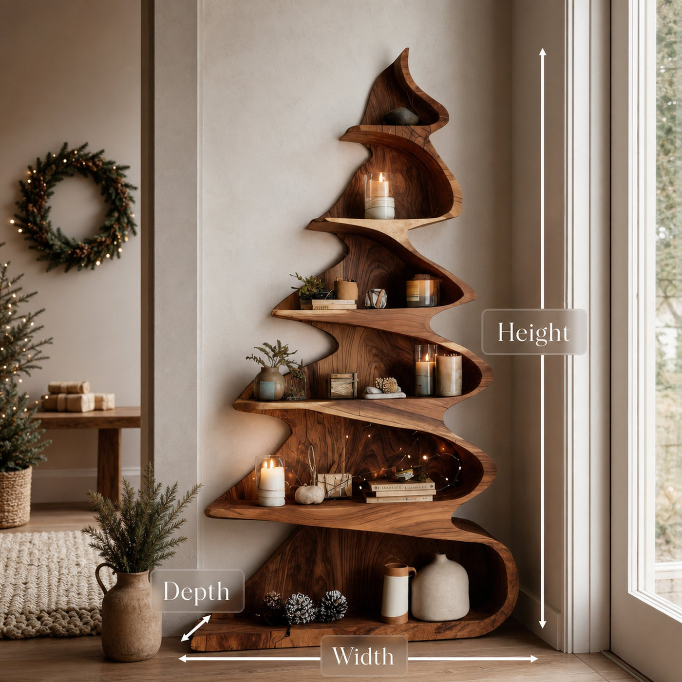 Rustic Handcrafted Christmas Tree Shelf For Holiday Display - product view 9