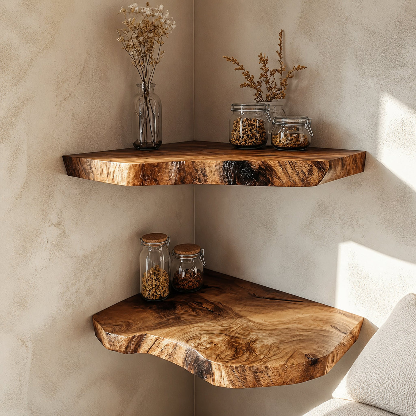 Rustic Handcrafted Live Edge Corner Floating Shelves Wall Storage