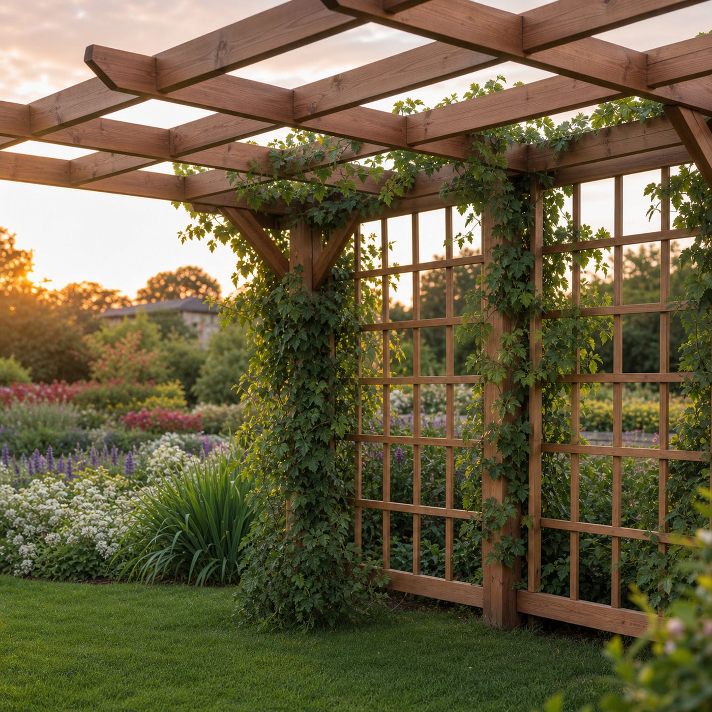 Rustic Handcrafted Outdoor Garden Seating And Trellis For Patio Or Yard