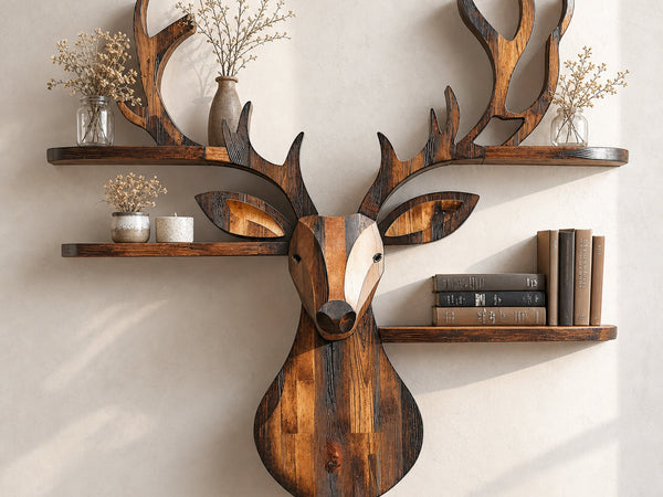 Rustic Handcrafted Wood Deer Shelf For Living Room Decor