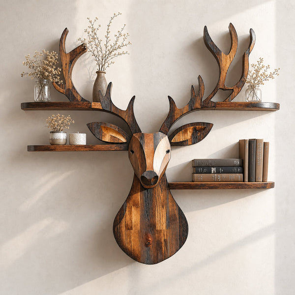Rustic Handcrafted Wood Deer Shelf For Living Room Decor